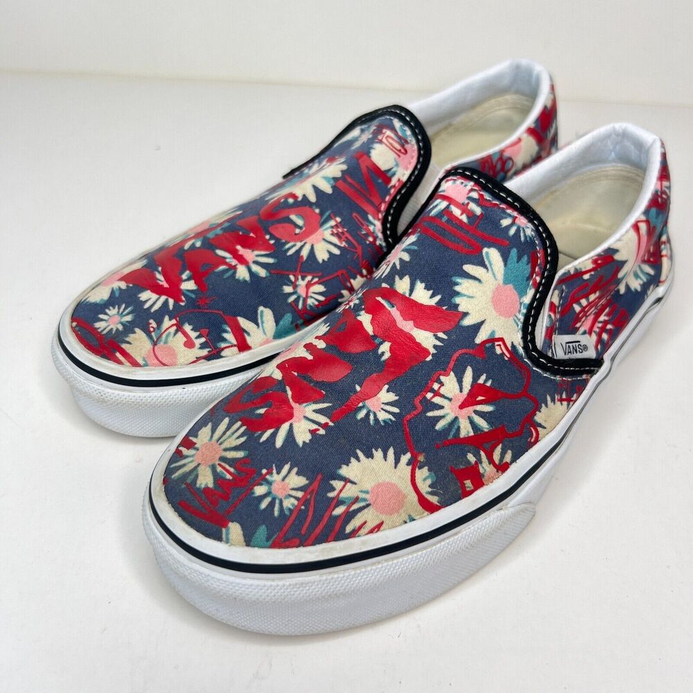Vans Old Skool Skater Shoes Womens 5.5 Slip On Sneakers Low Top Red Blue Floral
